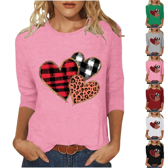 Qetyuw Shirts for Women 3/4 Length Sleeve Crew Neck Tshirt Valentines Love Heart Graphic Tee Shirt Summer Casual Plus Size Tees