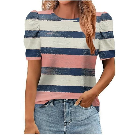Qetyuw Shirts for Women Puff Short Sleeve Round Neck Tshirt Color Block Tees Loose Fit Comfy Shirt Work Office Tshirts