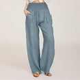 thumbnail image 1 of Qetyuw Smocked Waist Pants for Women Comfy Cotton Linen Palazzo Pants Button Pockets Baggy Pants Loose Wide Leg High Waist Beach Trousers, 1 of 8
