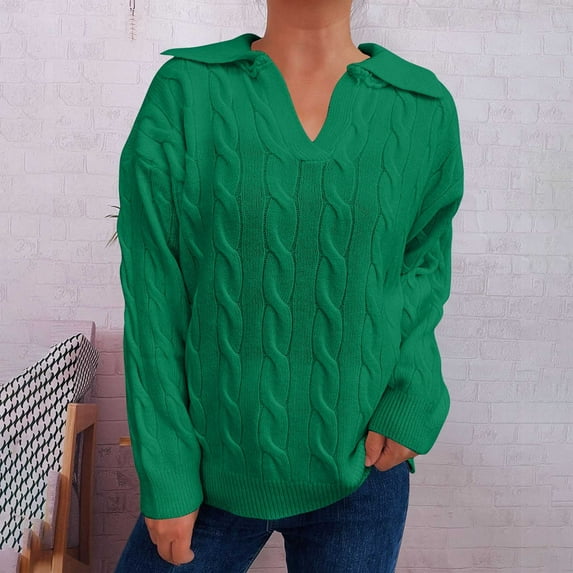 Qetyuw Solid Color Cable Knitted Sweater for Women Chunky V Neck Long Sleeve Pullover Sweaters Casual Loose Fit Jumper