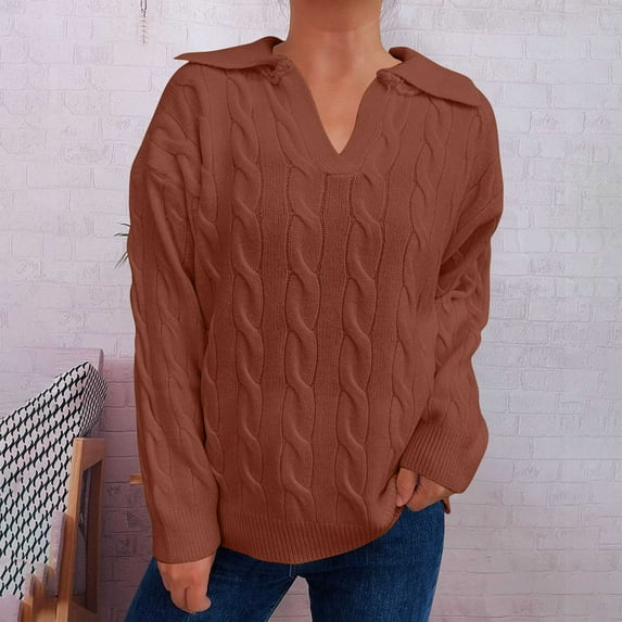 Qetyuw Solid Color Cable Knitted Sweater for Women Chunky V Neck Long Sleeve Pullover Sweaters Casual Loose Fit Jumper