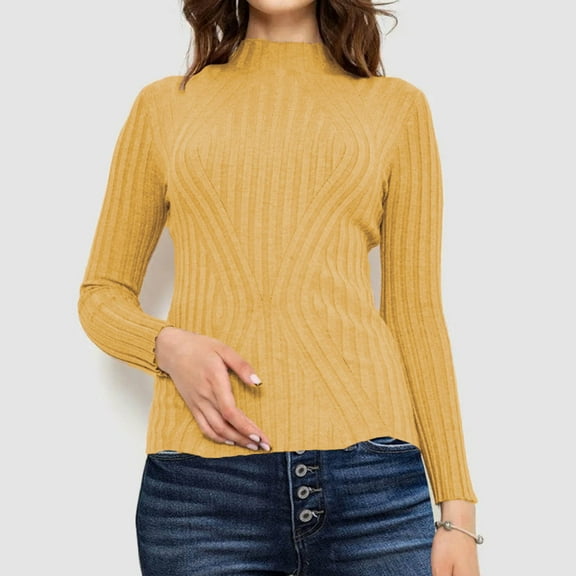 Qetyuw Solid Color Ribbed Knit Sweater for Women Slim Fit Long Sleeve Mock Neck Pullover Sweaters Casual Basic Jumpers