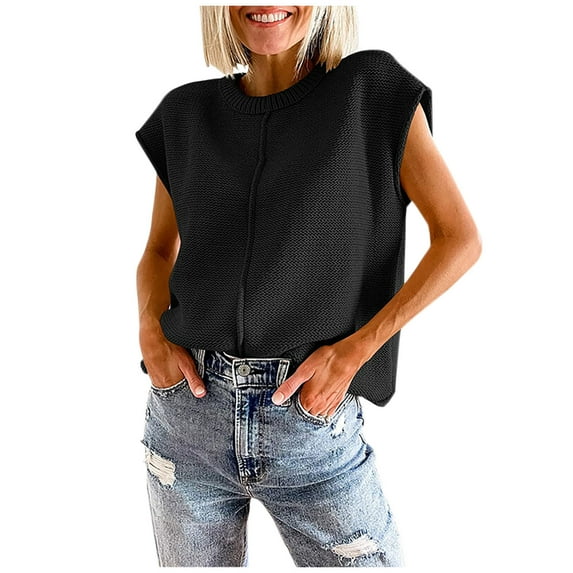 Qetyuw Solid Color Sleeveless Sweater for Women Crochet Knit Crew Neck Pullover Jumper Casual Loose Fit Sweaters