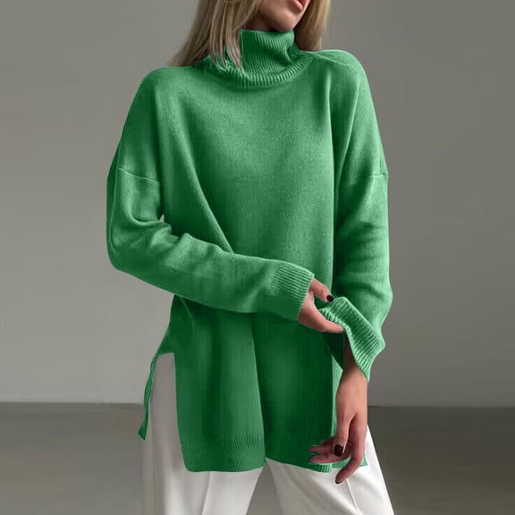 Qetyuw Solid Color Turtleneck Sweaters for Women Oversized Drop Shoulder Long Sleeve Sweater Casual Chunky Jumper