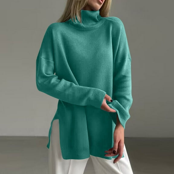 Qetyuw Solid Color Turtleneck Sweaters for Women Oversized Drop Shoulder Long Sleeve Sweater Casual Chunky Jumper