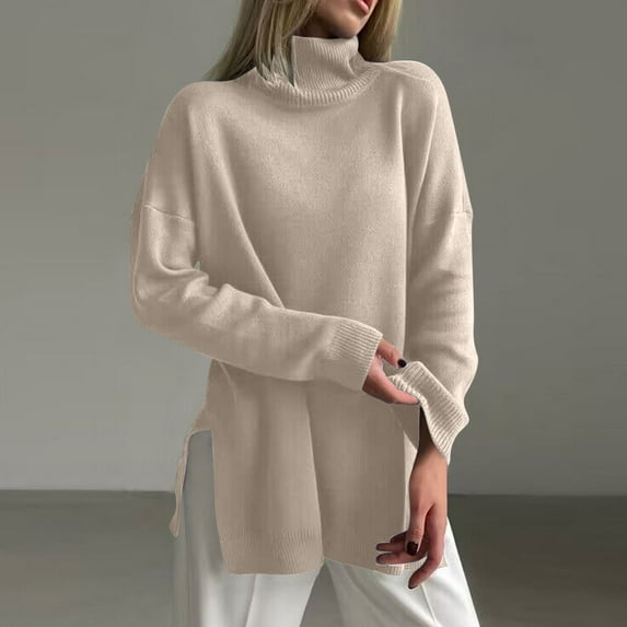 Qetyuw Solid Color Turtleneck Sweaters for Women Oversized Drop Shoulder Long Sleeve Sweater Casual Chunky Jumper
