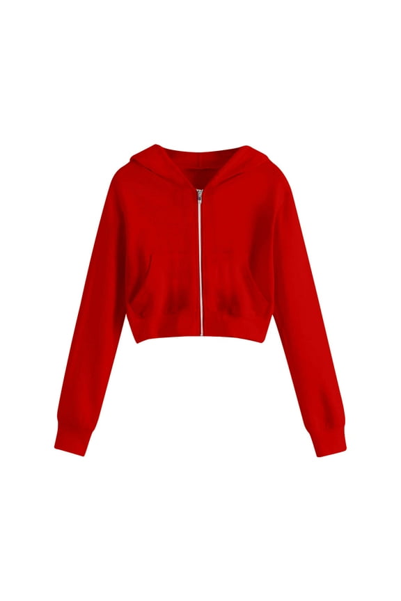 Solid Crop Jacket for Women Plus Size Long Sleeve Hoodie Jackets Full Zip Up Casual Lightweight Coat Outwear