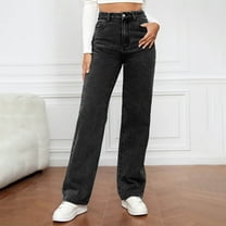 Qetyuw Straight Leg Jeans for High Waist Denim Pants Stretch Wide Leg Button Baggy Trousers with Pockets Comfy Lightweight Tummy Control Palazzo Pants