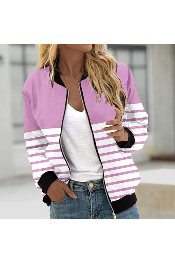 Striped Bomber Jacket for Women Plus Size Long Sleeve Jacket Full Zip Up Lightweight Casual Coat Outwear