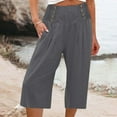 thumbnail image 1 of Qetyuw Summer Cotton Linen Capris for Women Solid Comfy Smocked High Waist Wide Leg Cropped Pants Casual Flowy Palazzo Beach Pants with Pockets, 1 of 4