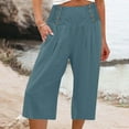 thumbnail image 1 of Qetyuw Summer Cotton Linen Capris for Women Solid Comfy Smocked High Waist Wide Leg Cropped Pants Casual Flowy Palazzo Beach Pants with Pockets, 1 of 5