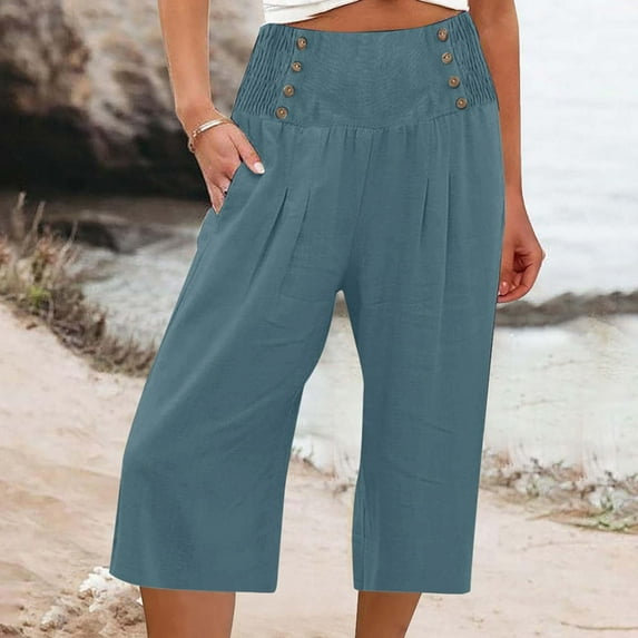 Qetyuw Summer Cotton Linen Capris for Women Solid Comfy Smocked High Waist Wide Leg Cropped Pants Casual Flowy Palazzo Beach Pants with Pockets