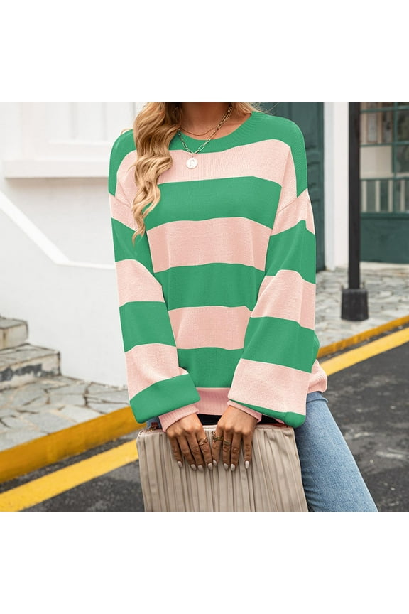 Sweaters for Women Crochet Knit Long Sleeve Pullover Tops Color Block Crew Neck Casual Sweater