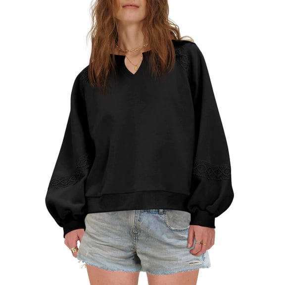 Qetyuw Sweatshirt for Women Lantern Long Sleeve Lace Trim Pullover Tops Notched V Neck Loose Casual Sweatshirts