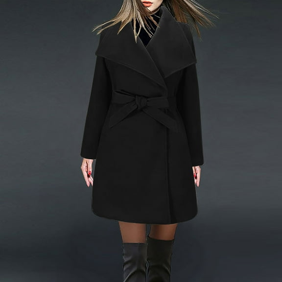 Qetyuw Trench Coat for Women Wool Blend Long Sleeve Peacoat with Belt Lapel Casual Long Overcoat
