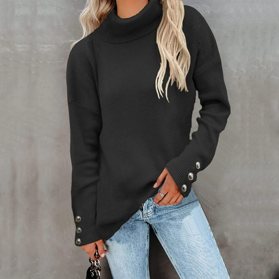 Qetyuw Turtleneck Knit Sweater for Women Chunky Solid Color Long Sleeve Pullover Sweaters Oversized Casual Jumpers
