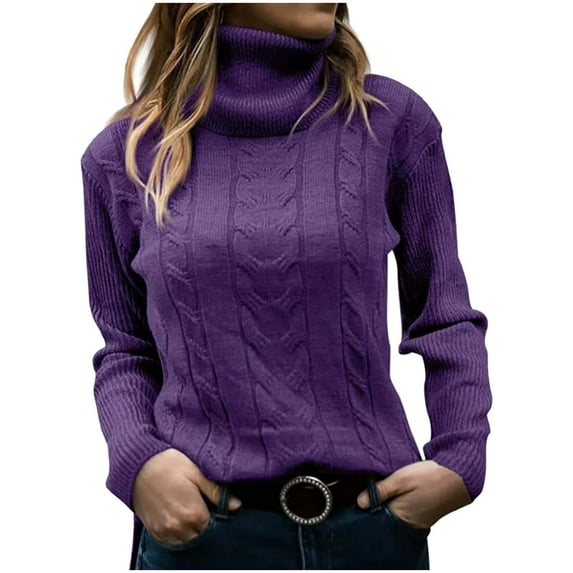 Qetyuw Turtleneck Knit Sweater for Women Solid Color Cable Knitted Long Sleeve Pullover Jumper Chunky Casual Sweaters