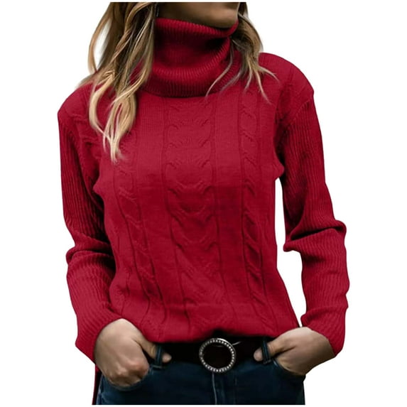 Qetyuw Turtleneck Knit Sweater for Women Solid Color Cable Knitted Long Sleeve Pullover Jumper Chunky Casual Sweaters