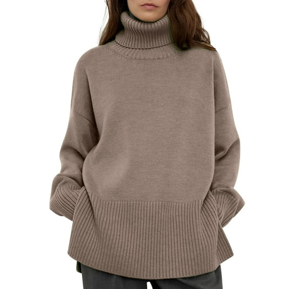 Qetyuw Turtleneck Knit Sweaters for Women Chunky Solid Color Long Sleeve Jumper Oversized Casual Pullover Sweater