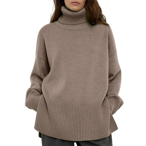 Qetyuw Turtleneck Knit Sweaters for Women Chunky Solid Color Long Sleeve Jumper Oversized Casual Pullover Sweater