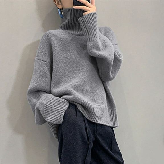 Qetyuw Turtleneck Sweaters for Women Oversized Solid Color Long Sleeve Jumpers Knitted Chunky Casual Pullover Sweaters