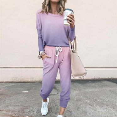 Qetyuw Two Piece Outfits for Women Long Sleeve Pullover Tops and Pants Sweatsuits Lounge Sets with Pockets Gradient Color Clothes