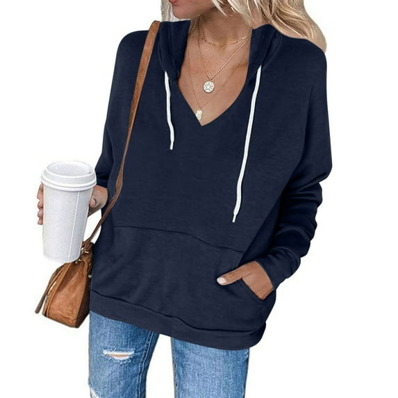 Qetyuw V Neck Hoodies for Women Solid Color Basic Sweatshirt with Pocket Casual Long Sleeve Pullover Loose Fit Drawstring Tops
