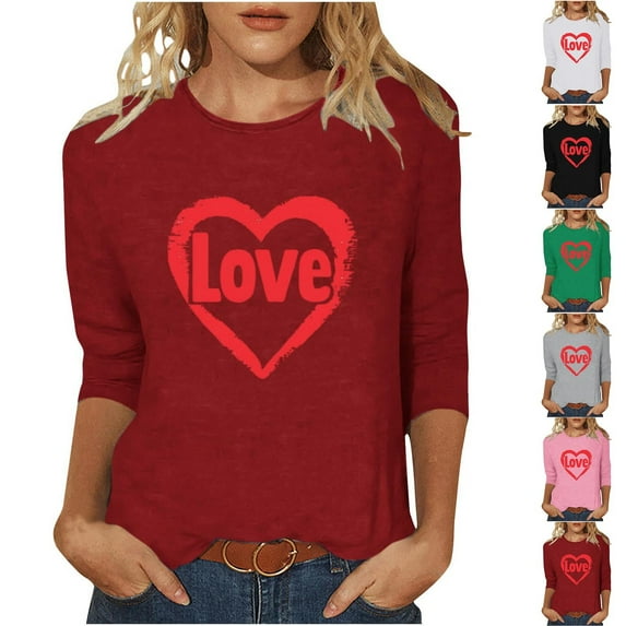 Qetyuw Valentine Shirts for Women 3/4 Length Sleeve Round Neck Shirt Trendy Love Heart Graphic Tees Plus Size Casual Tshirts