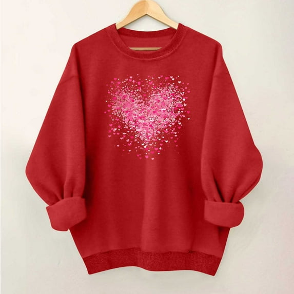 Qetyuw Valentine Sweatshirts for Women Round Neck Love Heart Printed Pullover Valentines Day Sweatshirt for Women and Teen Girls