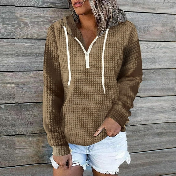 Qetyuw Waffle Hoodies for Women Quarter Zip Up Sweatshirt with Pocket Solid Color Drop Shoulder Long Sleeve Pullover