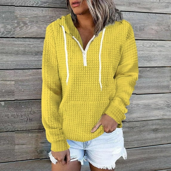 Qetyuw Waffle Hoodies for Women Quarter Zip Up Sweatshirt with Pocket Solid Color Drop Shoulder Long Sleeve Pullover