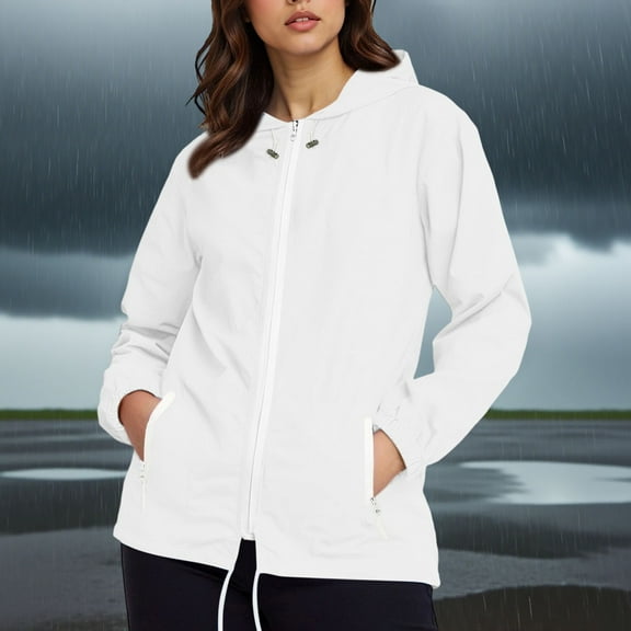 Qetyuw Waterproof Jackets for Women Full Zip Up Long Sleeve Hooded Cardigan Jacket Casual Loose Fit Coats Outwear