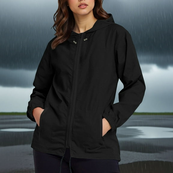 Qetyuw Waterproof Jackets for Women Full Zip Up Long Sleeve Hooded Cardigan Jacket Casual Loose Fit Coats Outwear