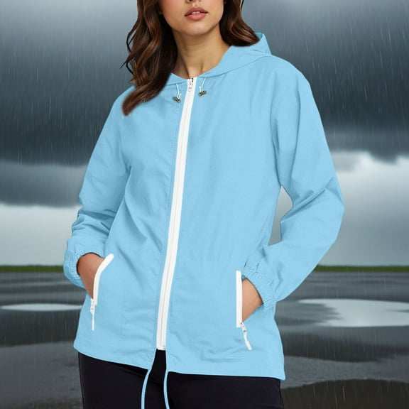 Qetyuw Waterproof Jackets for Women Full Zip Up Long Sleeve Hooded Cardigan Jacket Casual Loose Fit Coats Outwear
