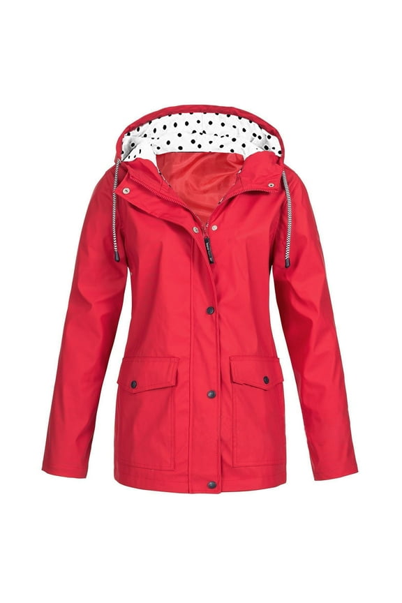Waterproof Raincoat for Women Solid Rain Jacket Plus Size Windproof Coat Outdoor Polka Dot Hoodies Lightweight Full Zip Up Hiking Climb Trench Coats