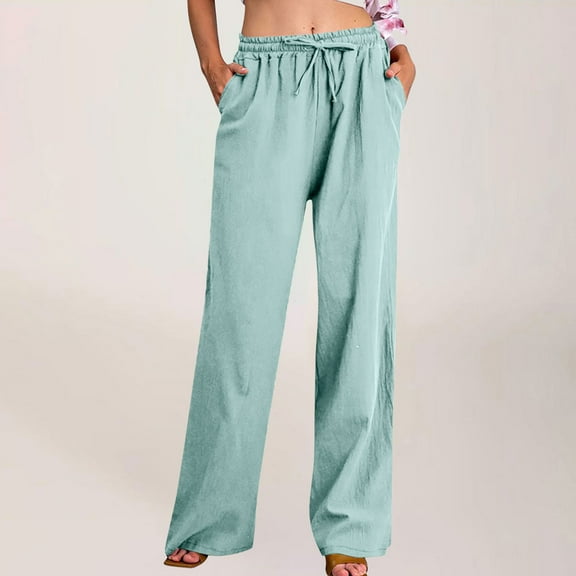 Qetyuw Wide Leg Palazzo Pants for Women Cotton Linen Long Pants Drawstring Elastic Waist Trousesrs with Pockets Solid Color Casual Beach Sleep Trousers