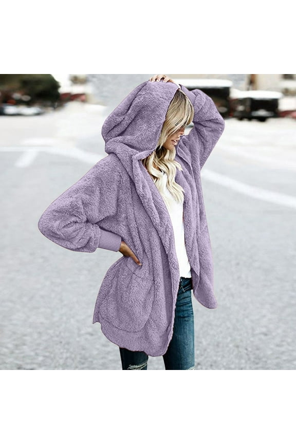 Winter Coats for Women Long Sleeve Fuzzy Hooded Jacket Loose Fit Lightweight Casual Cardigan Jackets