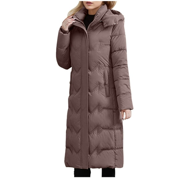 Qetyuw Winter Down Coat for Women Plus Size Long Sleeve Warm Open Front Jacket Zip Up Detachable Hood Casual Coats
