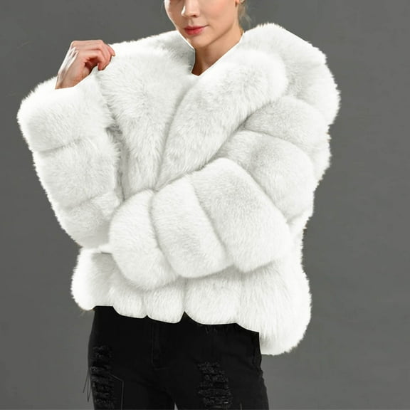 Qetyuw Winter Faux Fur Coat for Women Chunky Warm Long Sleeve Open Front Crop Coats Casual Lapel Jacket