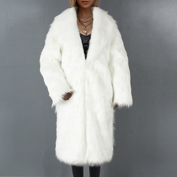 Qetyuw Winter Faux Fur Long Coat for Women Casual Warm Long Sleeve Open Front Coats Oversized Chunky Lapel Jacket