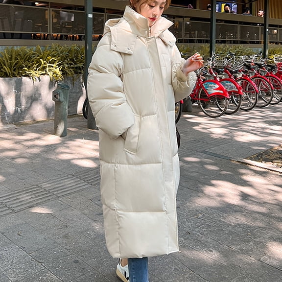 Qetyuw Winter Long Puffer Coat for Women Warm Long Sleeve Open Front Hooded Down Coat Casual Chunky Jacket Outwear