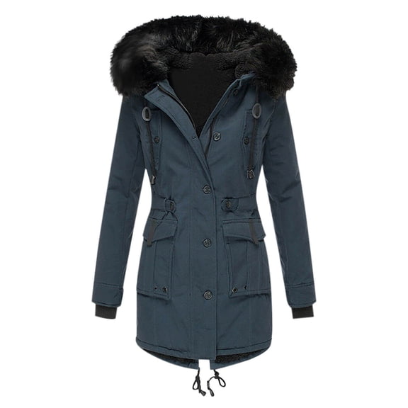 Qetyuw Winter Warm Hooded Jacket for Women Faux Fur Lined Long Sleeve Coat Zip Up Button Down Chunky Jackets