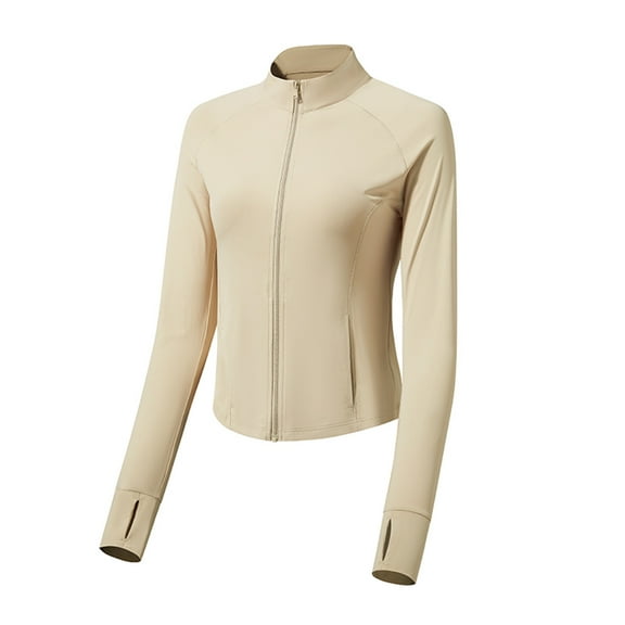 Qetyuw Womans Full Zip Up Jacket Athletic Running Workout Sports Yoga Jacket with Thumb Hole Slim Fit Cropped Outerwear Lightweight Stand Collar Long Sleeve Tops