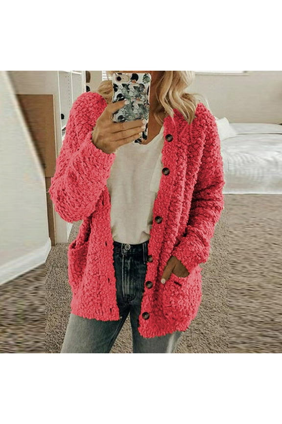 Women's 2024 Winter Fuzzy Popcorn Long Sleeve Cardigan Soft Comfy Button Down Knit Oversized Sweater Coat Fall fashion 2024