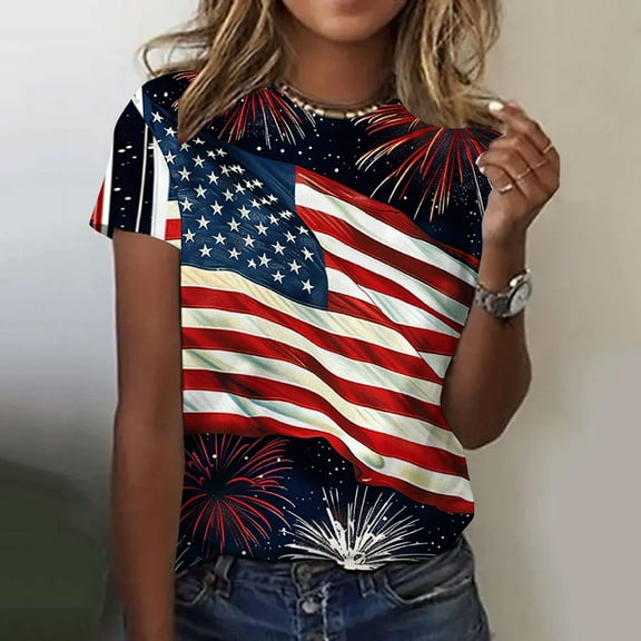 Qetyuw Women's 4th of July Shirts Plus Size Patriotic Red White and Blue Print Tshirts Tunic Short Sleeve Tees Dressy Casual Crew Neck Blouses Tops of the Week