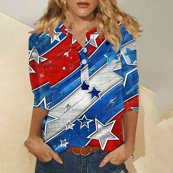 Qetyuw Women's 4th of July Shirts Summer Patriotic Red White and Blue Graphic Tshirts Elegant 3/4 Sleeve Tees Trendy V Neck Buttons Blouses Tops Blouses for Women Dressy Casual