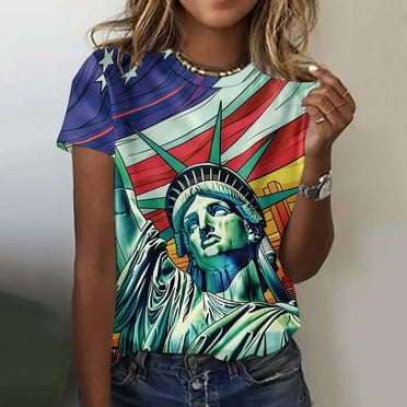 Qetyuw Women's 4th of July Shirts Summer Patriotic USA Flag Graphic Tshirts Cute Short Sleeve Tees Trendy Crewneck Blouses Tops Work Blouses for Women