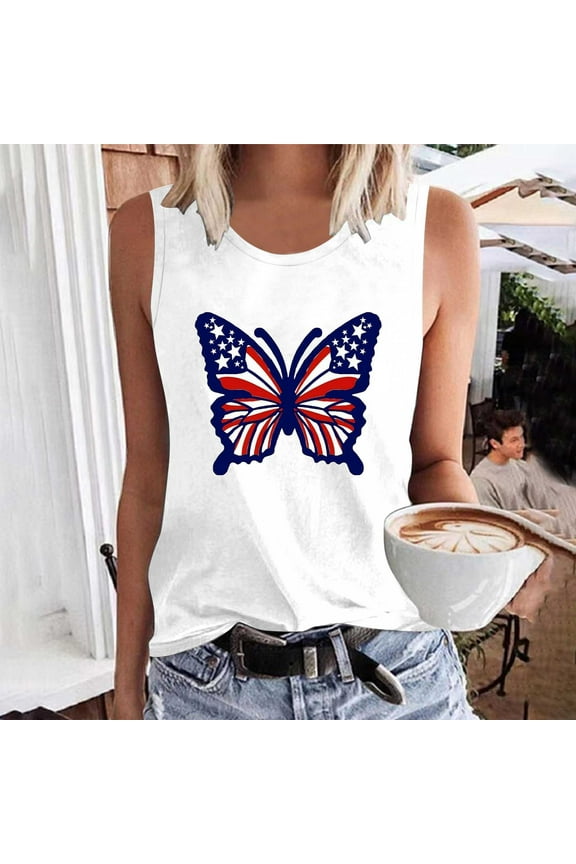 Women's 4th of July Tank Tops Plus Size Patriotic USA Flag Graphic Tshirts Cotton Sleeveless T-shirts Cami Trendy Crewneck Tanks Going Out Tops for Women
