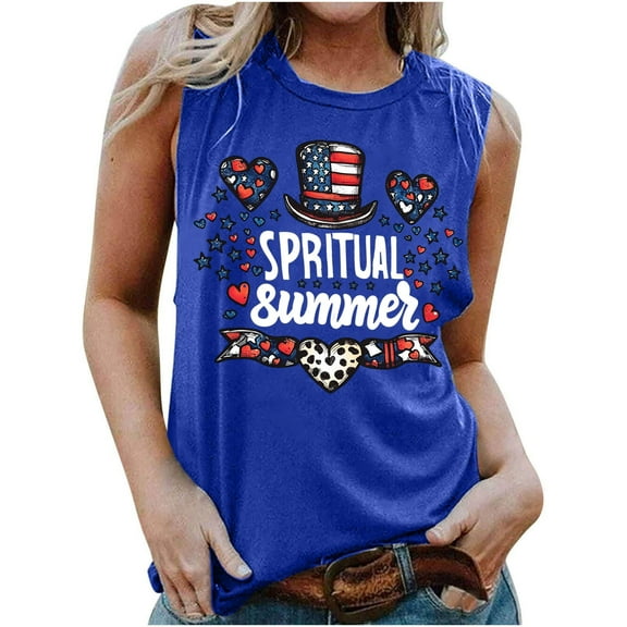 Qetyuw Women's 4th of July Tank Tops Plus Size Patriotic USA Flag Graphic Tshirts Loose Fit Sleeveless T-shirts Cami Athletic Crewneck Tanks Memorial Day Gifts