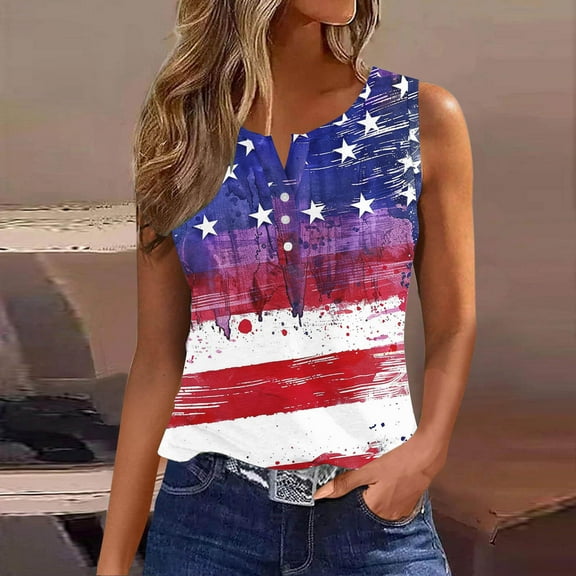 Qetyuw Women's 4th of July Tank Tops Summer Patriotic USA Flag Graphic Tshirts Loose Fit Sleeveless T-shirts Camisole Comfy V Neck Tanks Womens Tank Tops under $5